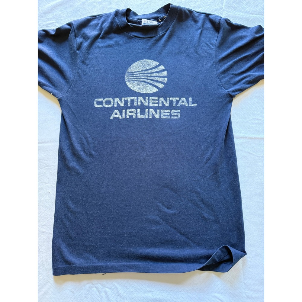 Vintage 80s Continental Airlines T Shirt Hanes Fifty-Fifty Navy Single Stitch
